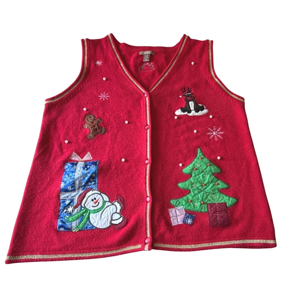 White Stag Womens XL Red Christmas Sweater Vest Snowman Reindeer Tree Holiday